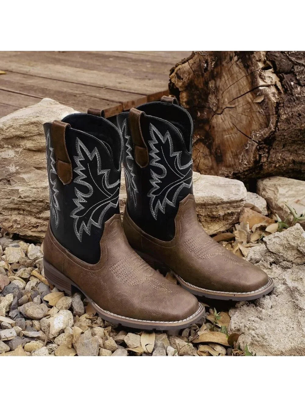 Men's Black Brown Faux Leather Slip On Square Toe With Embroidered Boots